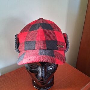 Crowncap Red and Black Buffalo Plaid Cap Faux Sheerling Lined With Ear Flaps